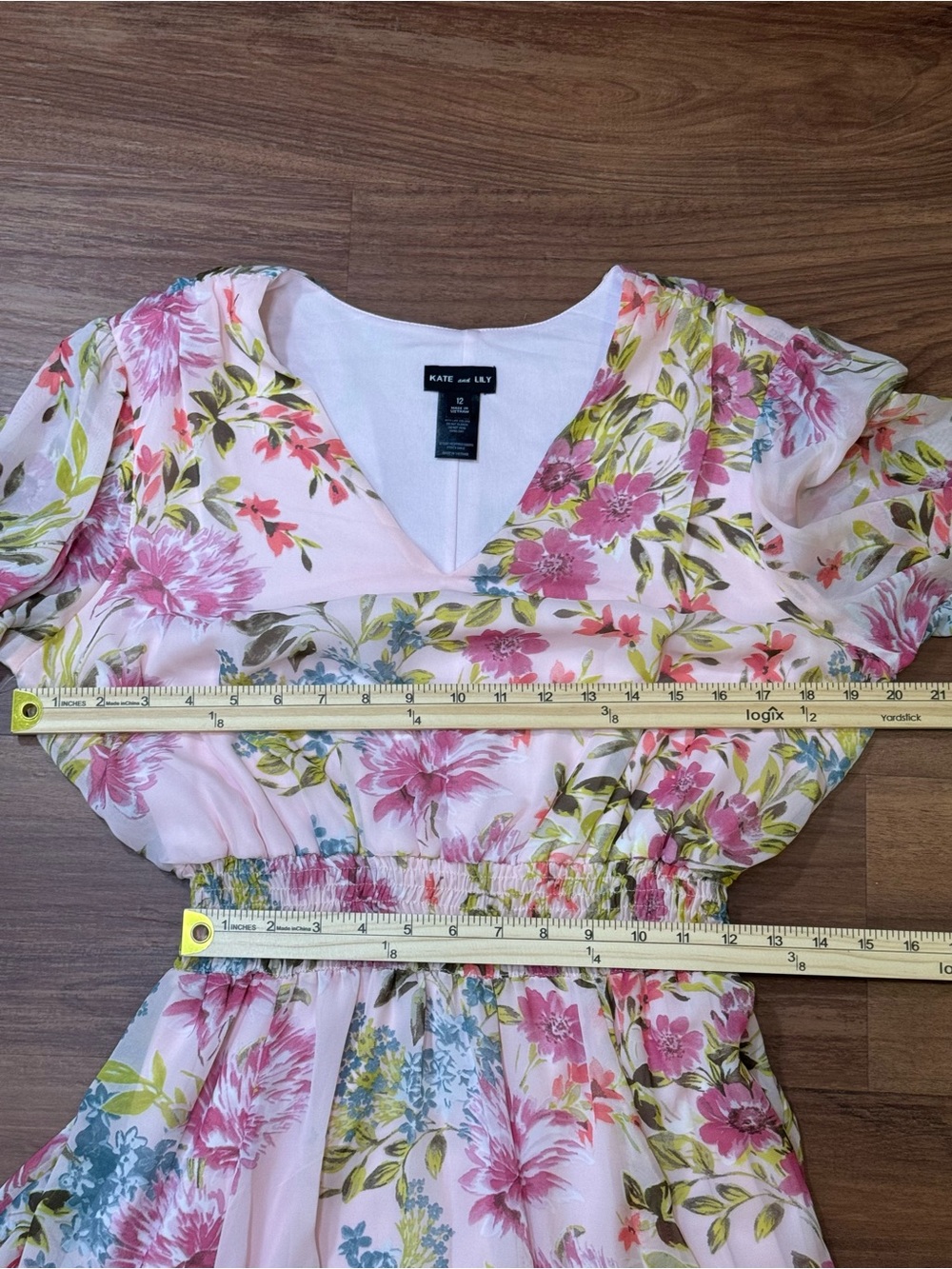 Kate & Lily Pink Floral Watercolor Chiffon Overlay Dress Sheer Sleeves Size 12 - Picture 11 of 11